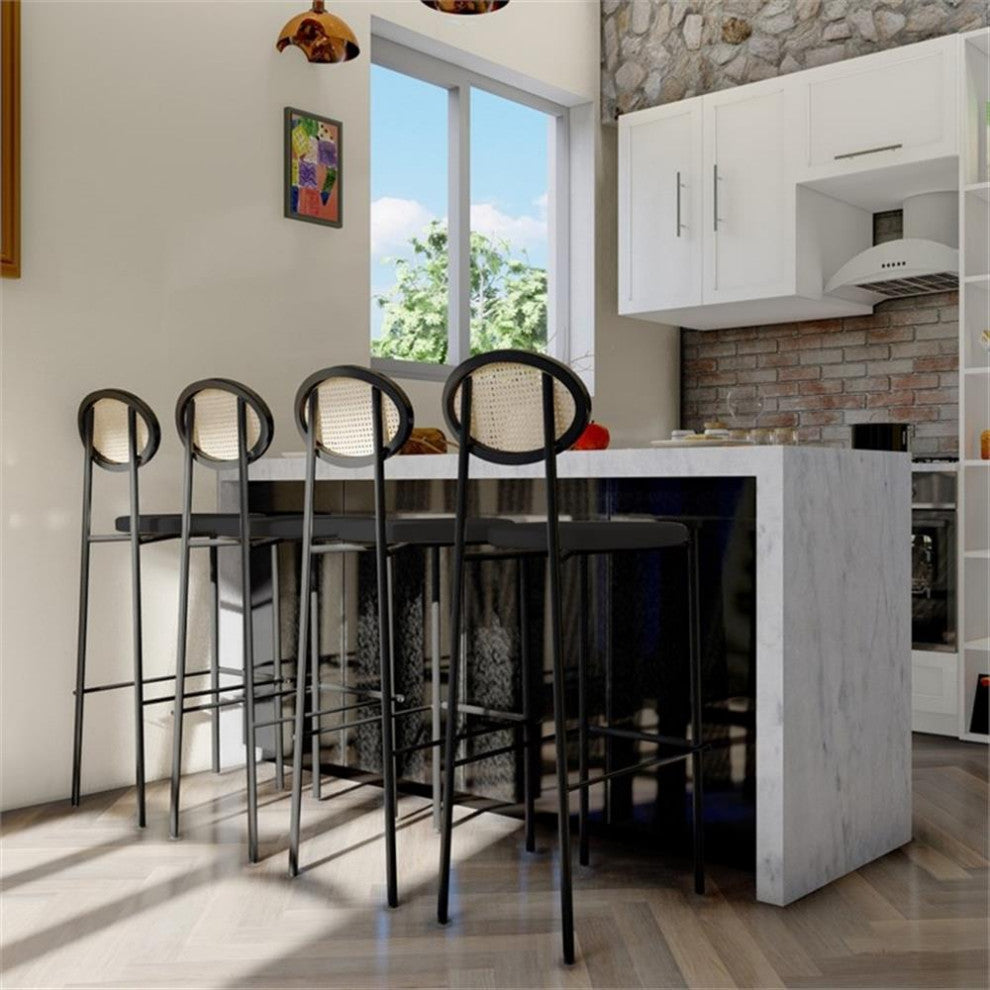 LeisureMod Euston Wicker Bar Stool with Black Metal Frame and Footrest Black