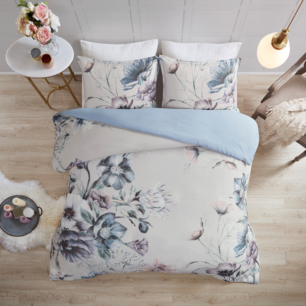Madison Park Cassandra Shabby Chic Floral Cotton Duvet Cover Set, Blue