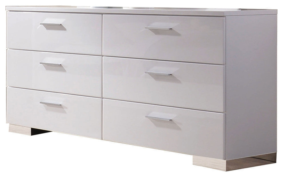 High Gloss Finish Wood and Metal Dresser with 6 Spacious Drawers,White