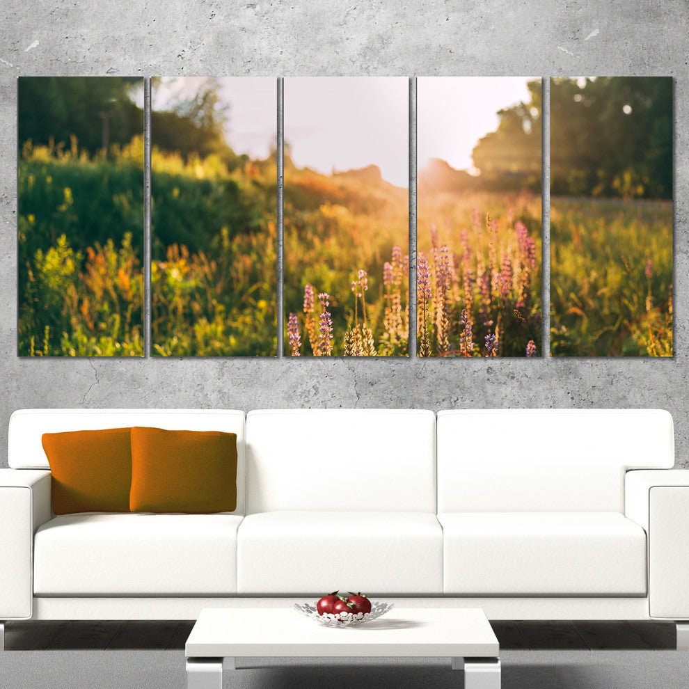 Bloomy Glade of Wild Flowers, Large Landscape Canvas Art, 60"x28", 5 Panels