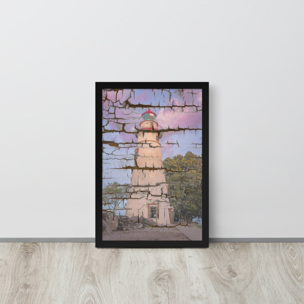 Faux Wood Texture Marblehead Lighthouse at Sunset Framed Photo Wall Art Print, Black, 12" X 18"