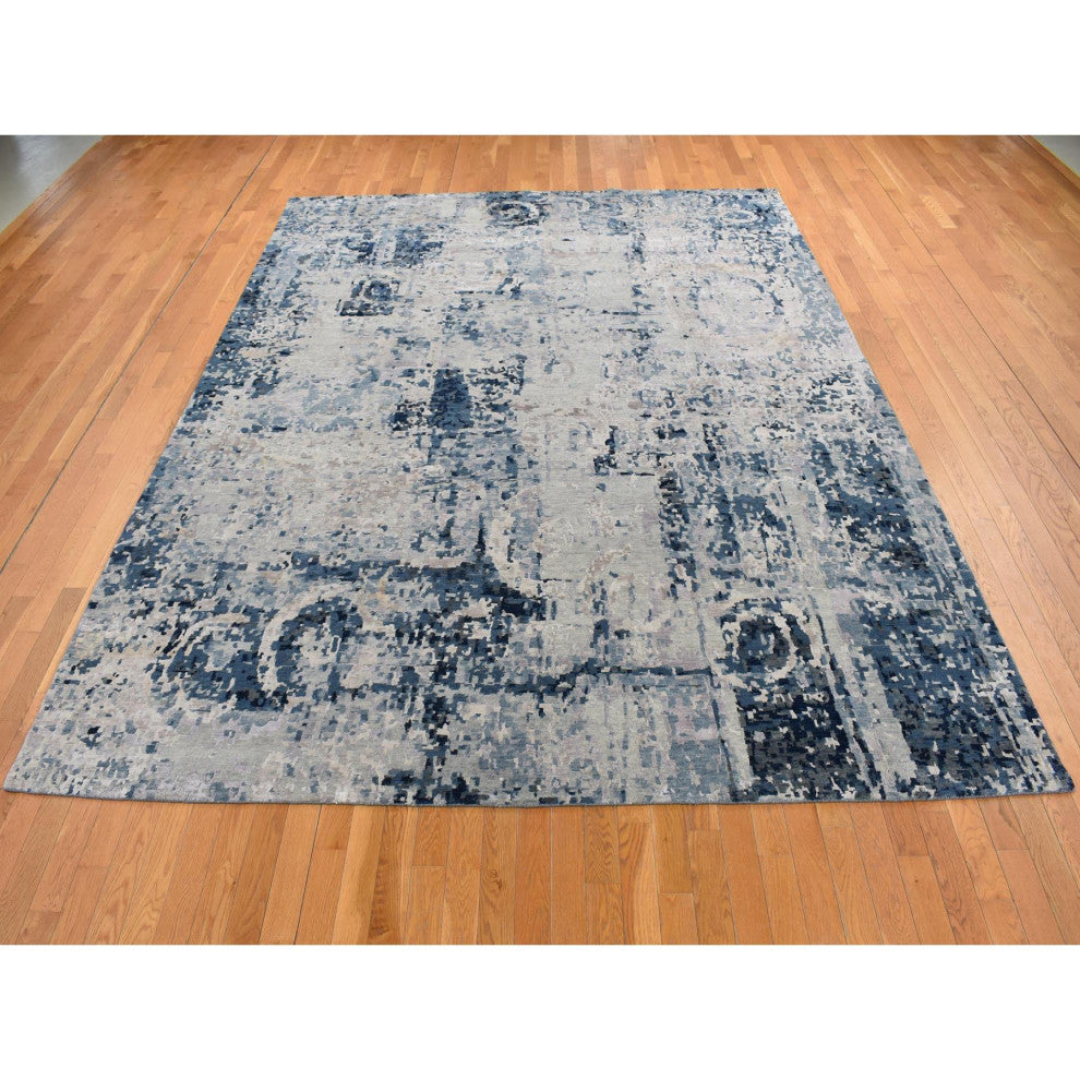Arsenic Gray Hand Knotted Erased Circles Design Wool and Silk Rug 9'3"x12'