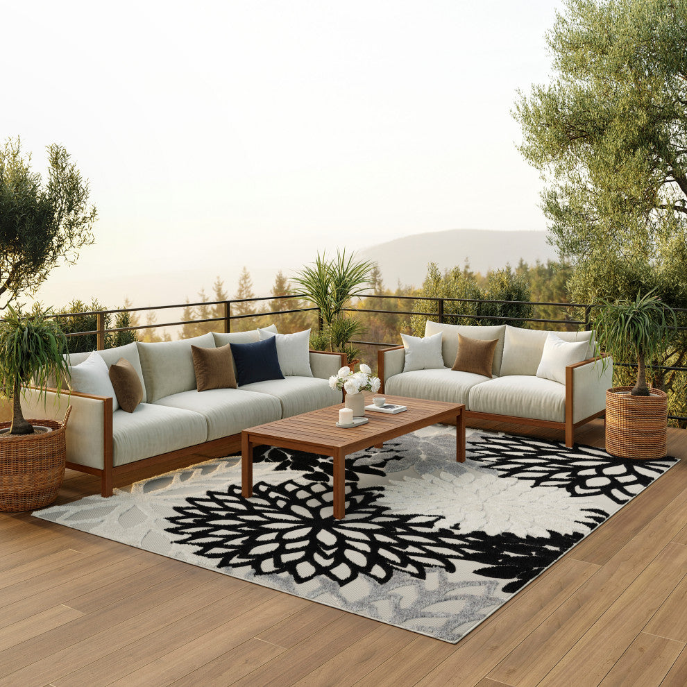 Nourison Aloha 9'6" x 13' Black White Tropical Rug