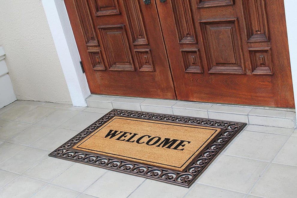A1HC Natural Coir & Rubber 30"x48", Front Door Entry Doormat, Bronze Welcome Paisley