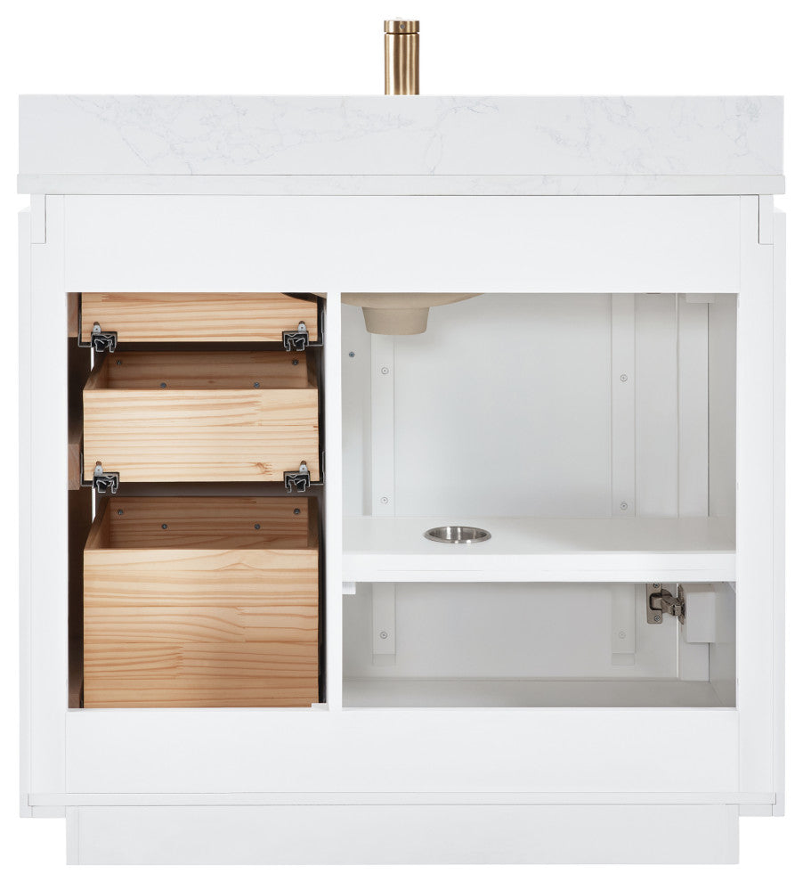San Bath Vanity with Stone Top, White, 36", Single Vanity, With Mirror