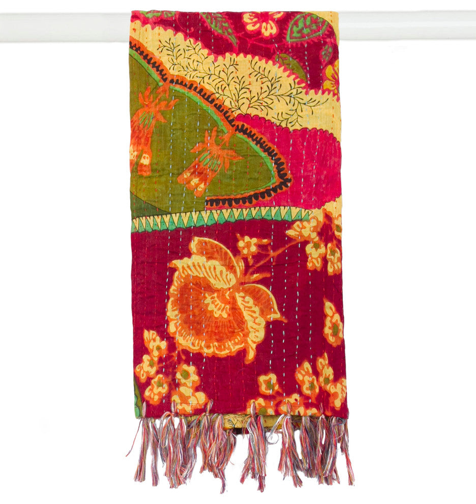Kantha Cotton Bed Runner 23"x72", Burgundy/Green/Yellow