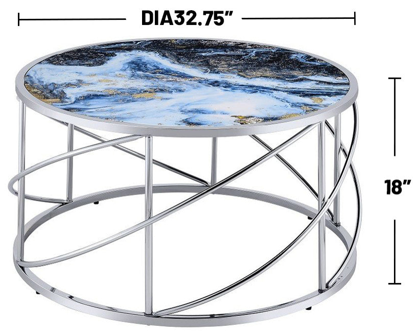 Round Coffee Table with Marble Top in Blue and Chrome