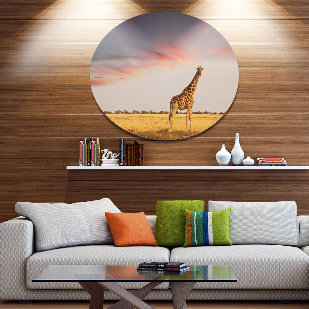 Single Giraffe In Savannah, African Round Wall Art, 23"