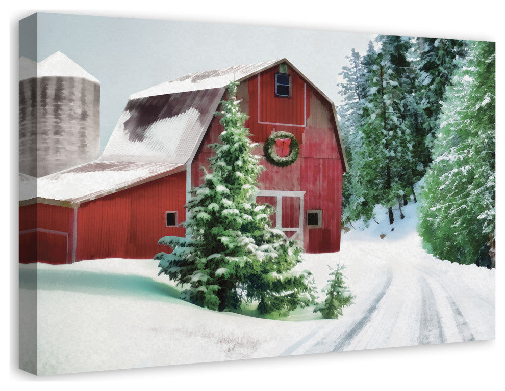 Painted, Snowy Red Barn 30x20 Canvas Wall Art