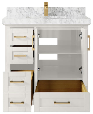 Boston 36" Center Sink Bath Vanity in Alabaster 2" Carrara Marble