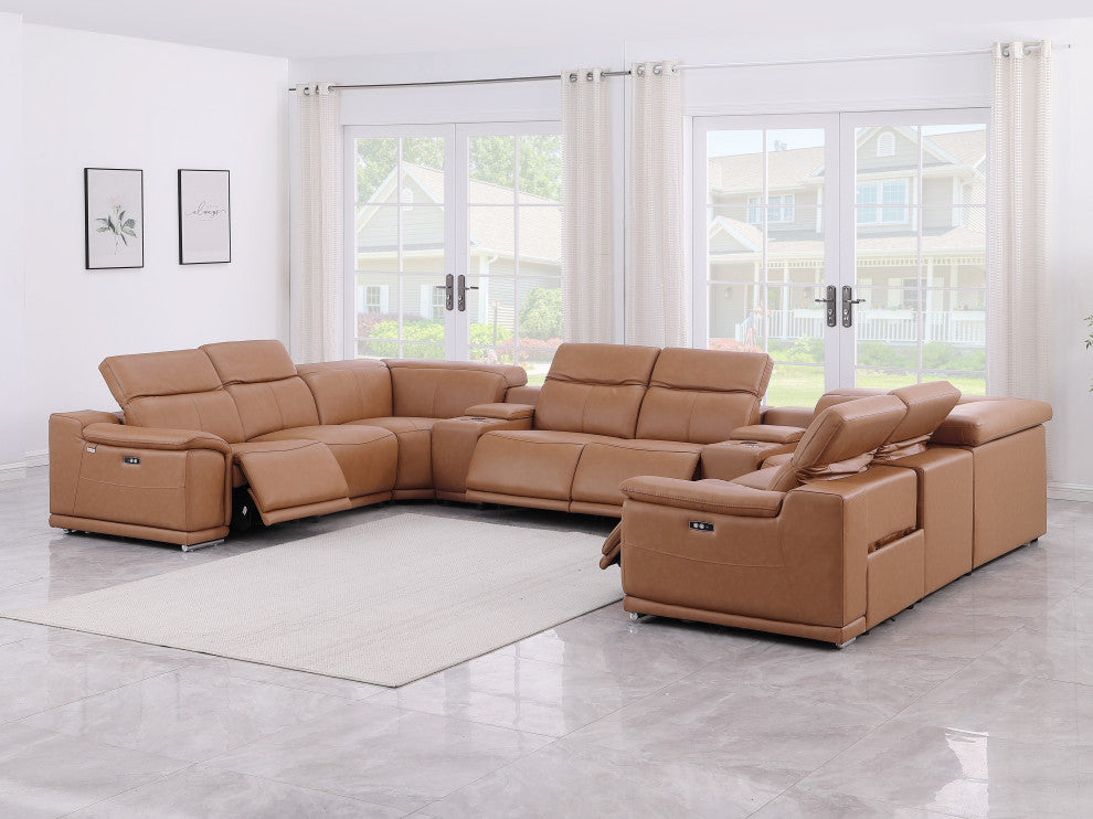 Federico10-Piece Top Grain Italian Leather Sectional-4 Power Recliners, Cognac