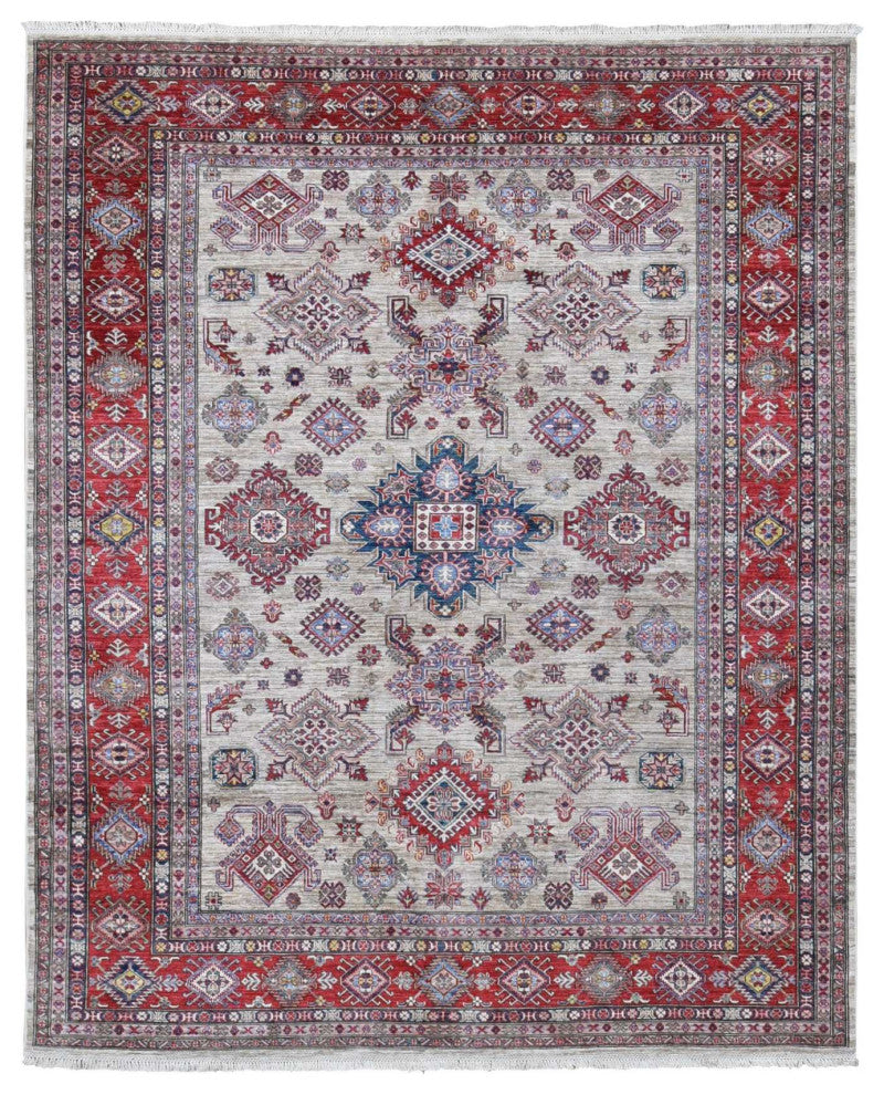 Camel Color Afghan Geometric Super Kazak Shiny Wool Hand Knotted Rug, 8'4"x10'2"