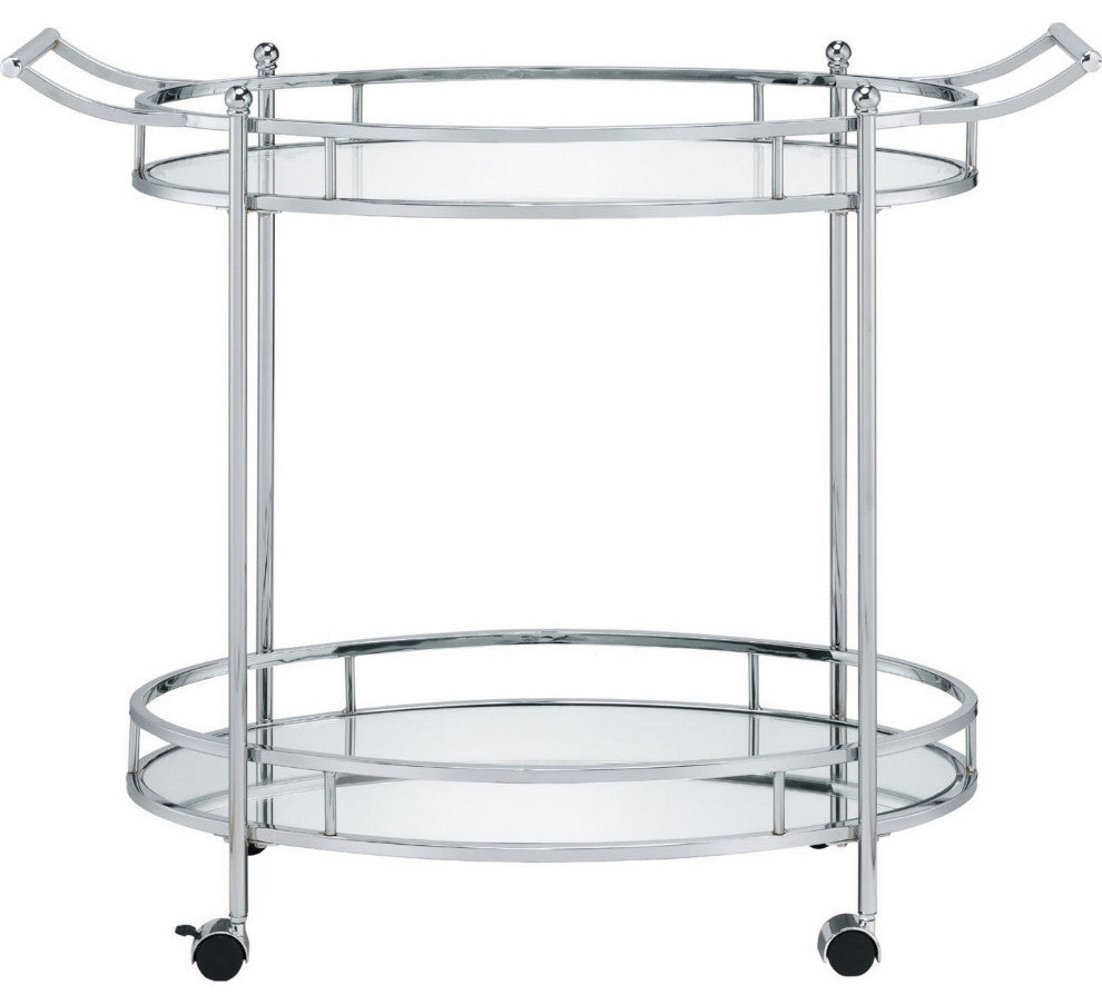Benzara BM250318 Serving Cart With Tubular Frame/2 Tier Glass Shelves, Chrome