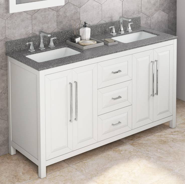 Cade Transitional 60" White Double Sink Vanity, Boulder Cultured Marble Vanity T