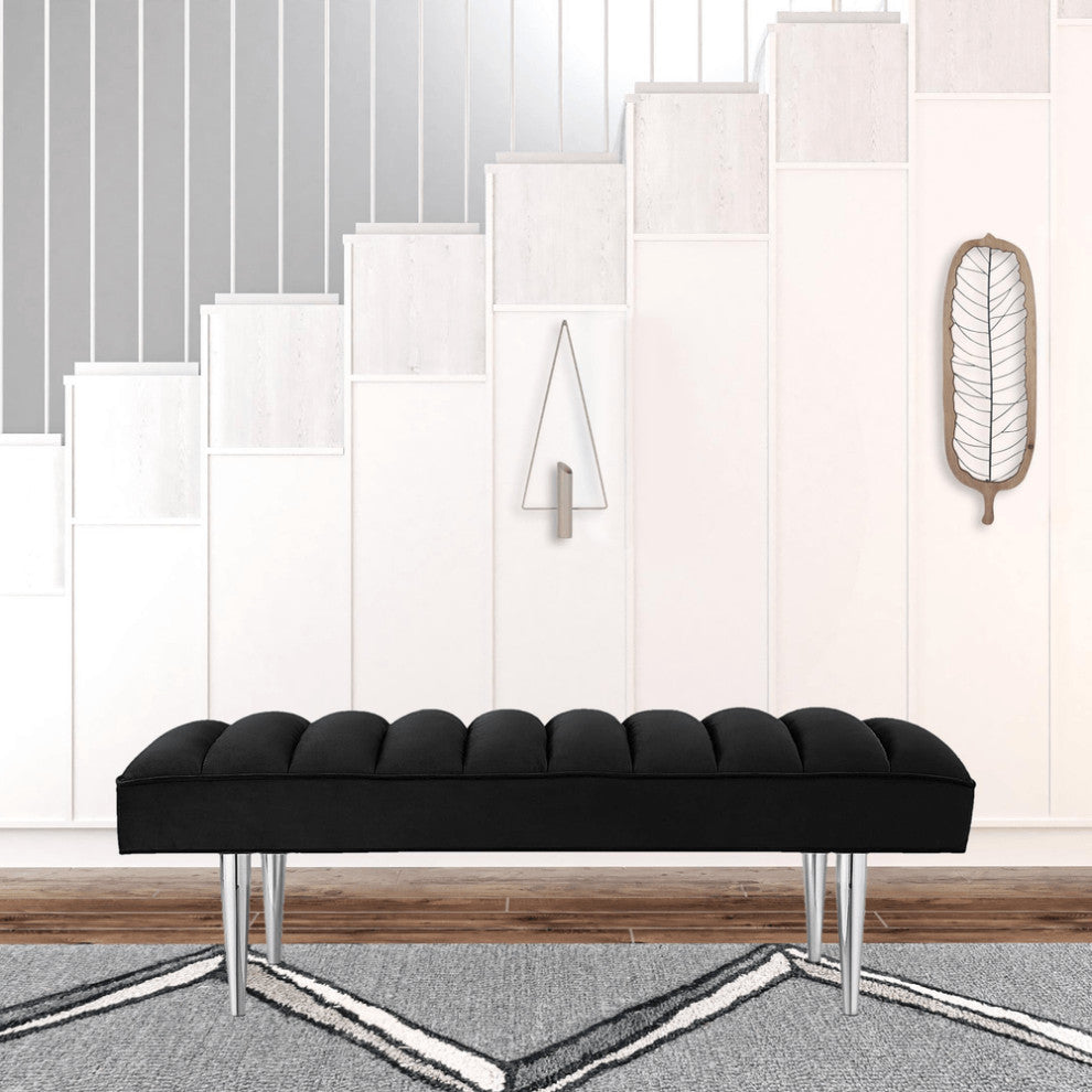53" Black And Silver Upholstered Velvet Bench