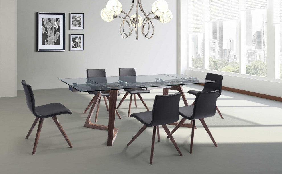 HomeRoots 63" X 35" X 30" Walnut Glass Stainless Steel Extendable Dining Table