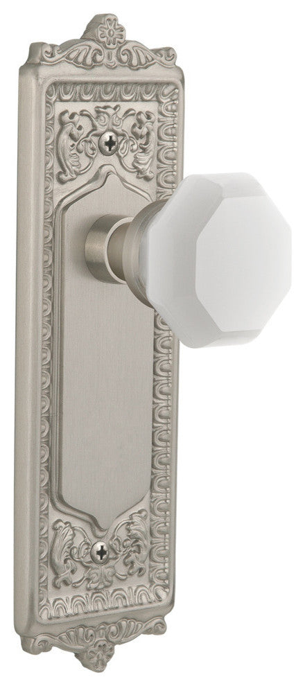 Egg & Dart Plate Privacy Waldorf White Milk Glass Knob, Satin Nickel