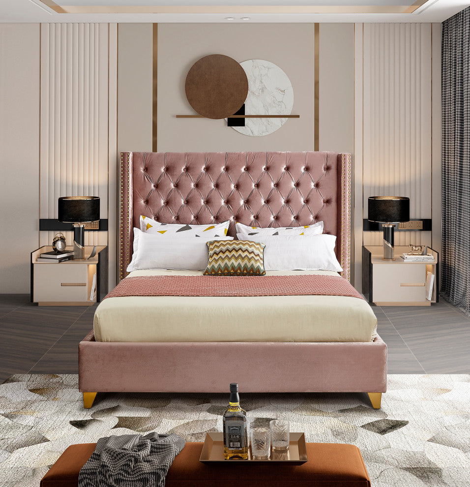 Barolo Velvet Upholstered Bed, Pink, King