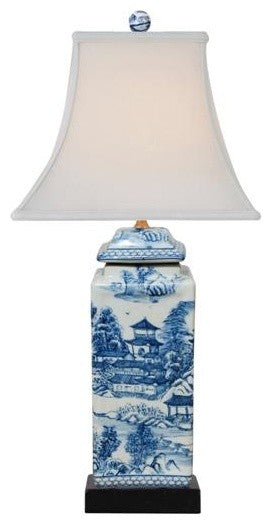Beautiful Chinese Blue and White Blue Willow Porcelain Temple Jar Table Lamp, 22