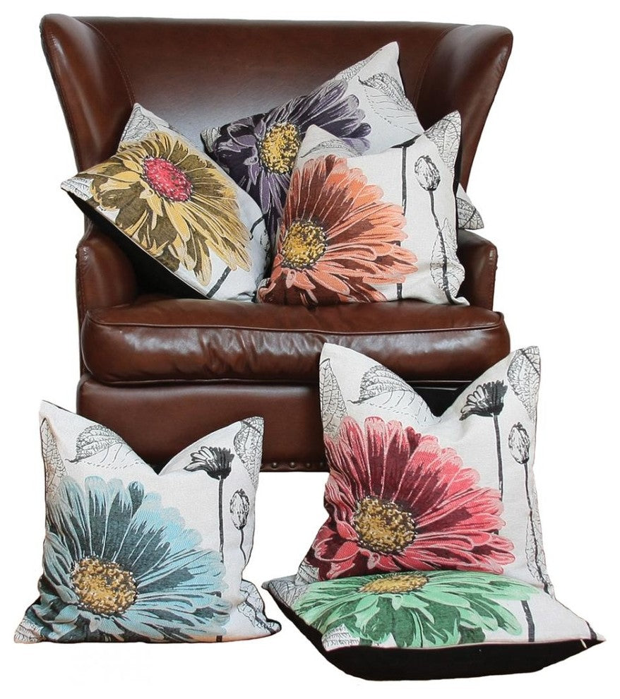 Flower Emboridery Collection with Feather Filled Pillow, Green, 18"x18"