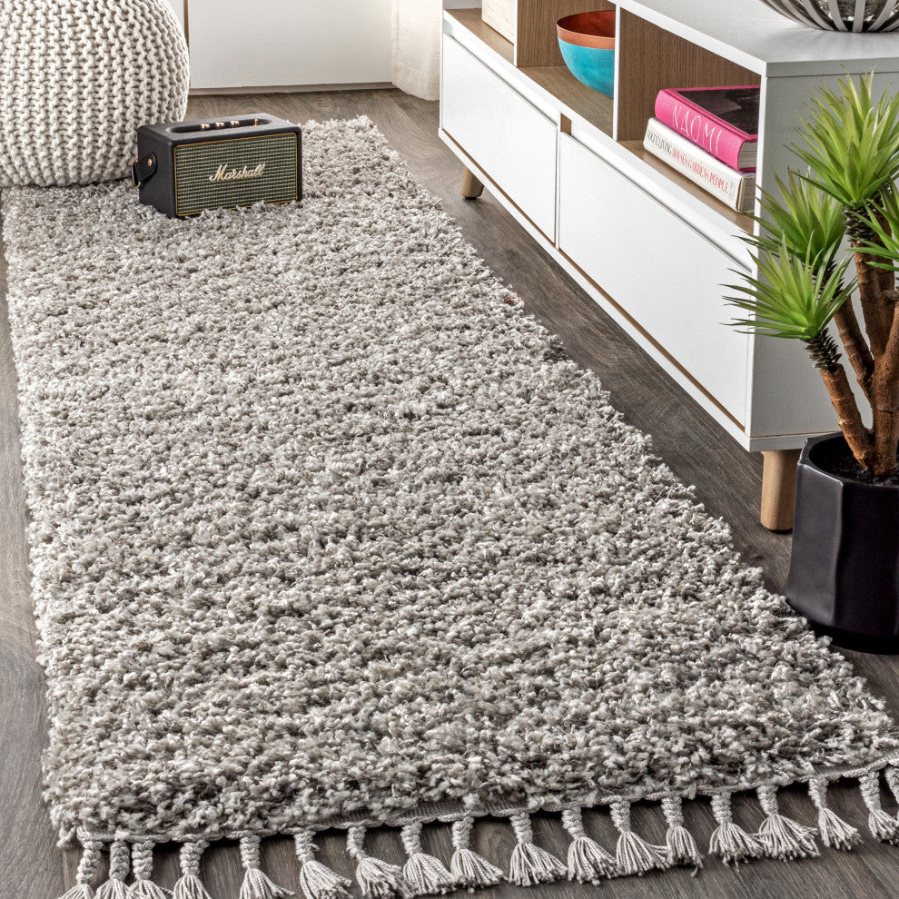 Mercer Shag Plush Tassel Area Rug, Grey, 2 X 8