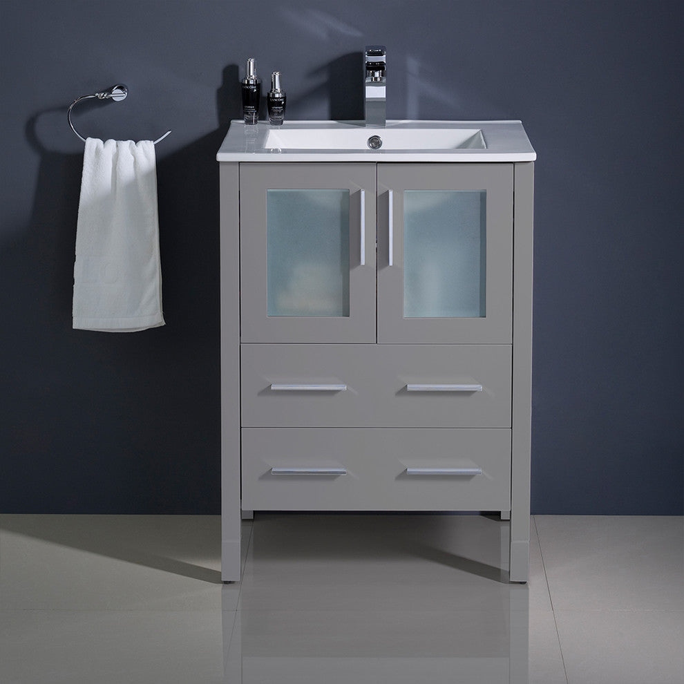 Torino Modern Bathroom Cabinet With Integrated Sink, Gray, 24"