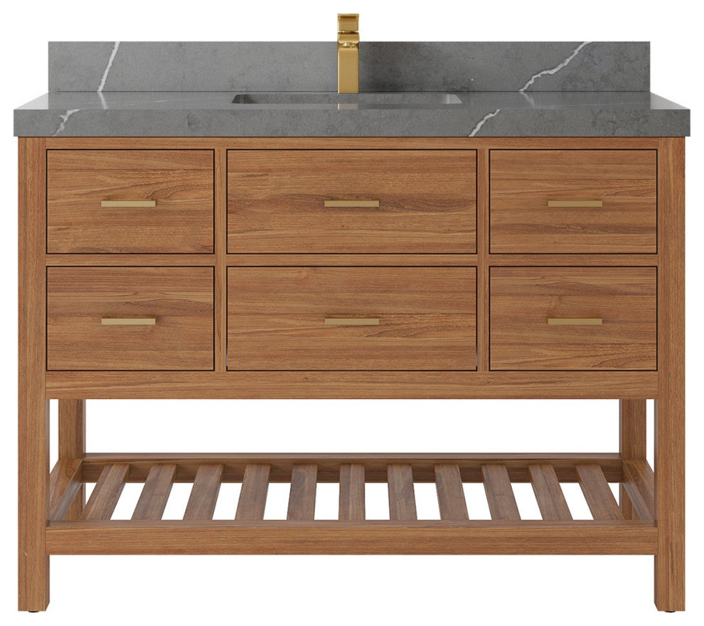 Parker Teak 48" Single Sink Bath Vanity in Golden Teak  2" Piatra Gray