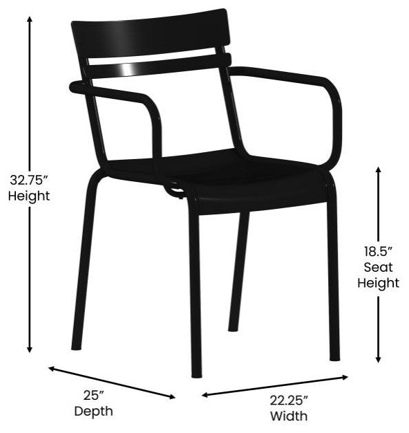 Nash Commercial Grade Steel Indoor-Outdoor Stackable Chair with 2 Slats and Arms, Black