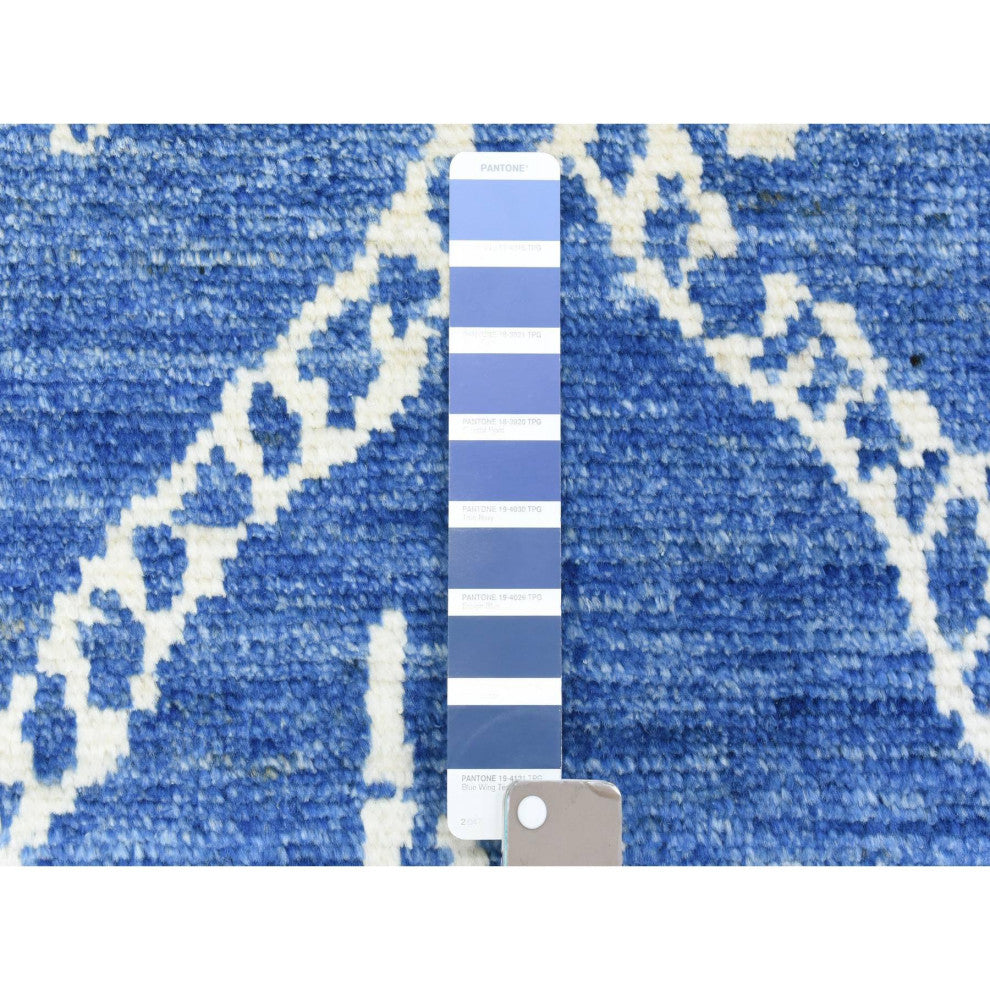 Blue, Wool Hand Knotted, Boujaad Moroccan Berber Design Runner Rug, 2'8"x15'4"
