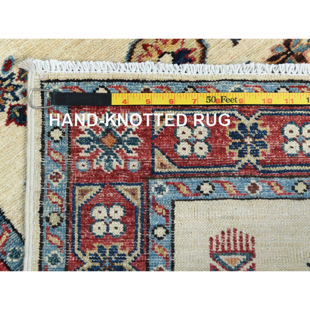Ivory, Soft Wool, Hand Knotted Afghan Super Kazak Runner Rug, 2'7"x8'6"