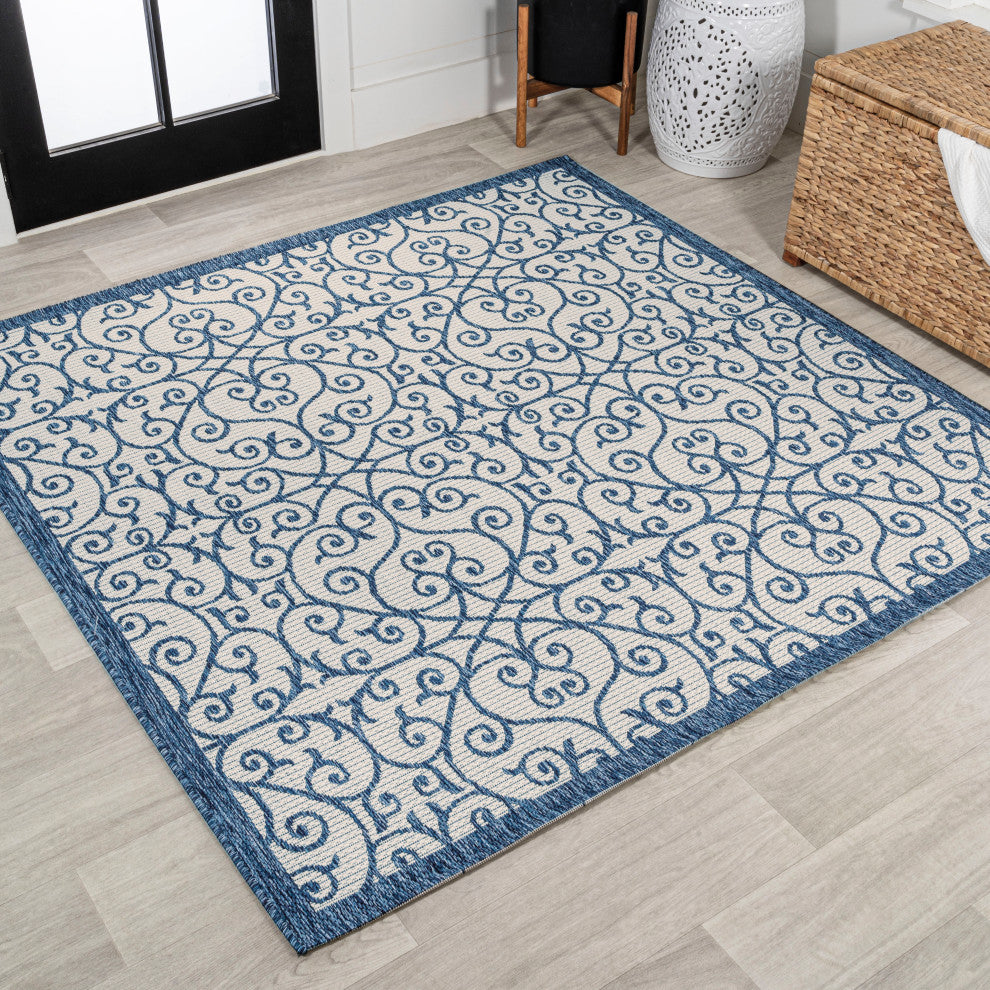 Madrid Vintage Filigree Textured Weave Indoor/Outdoor, Cream/Blue, 5' Square