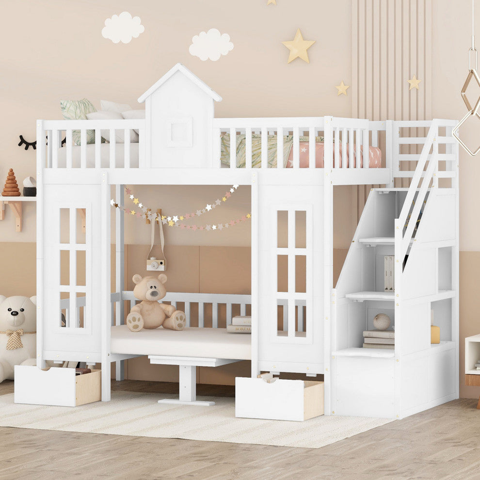 Gewnee Wood Twin-Over-Twin Bunk Bed with Table and Drawers in White