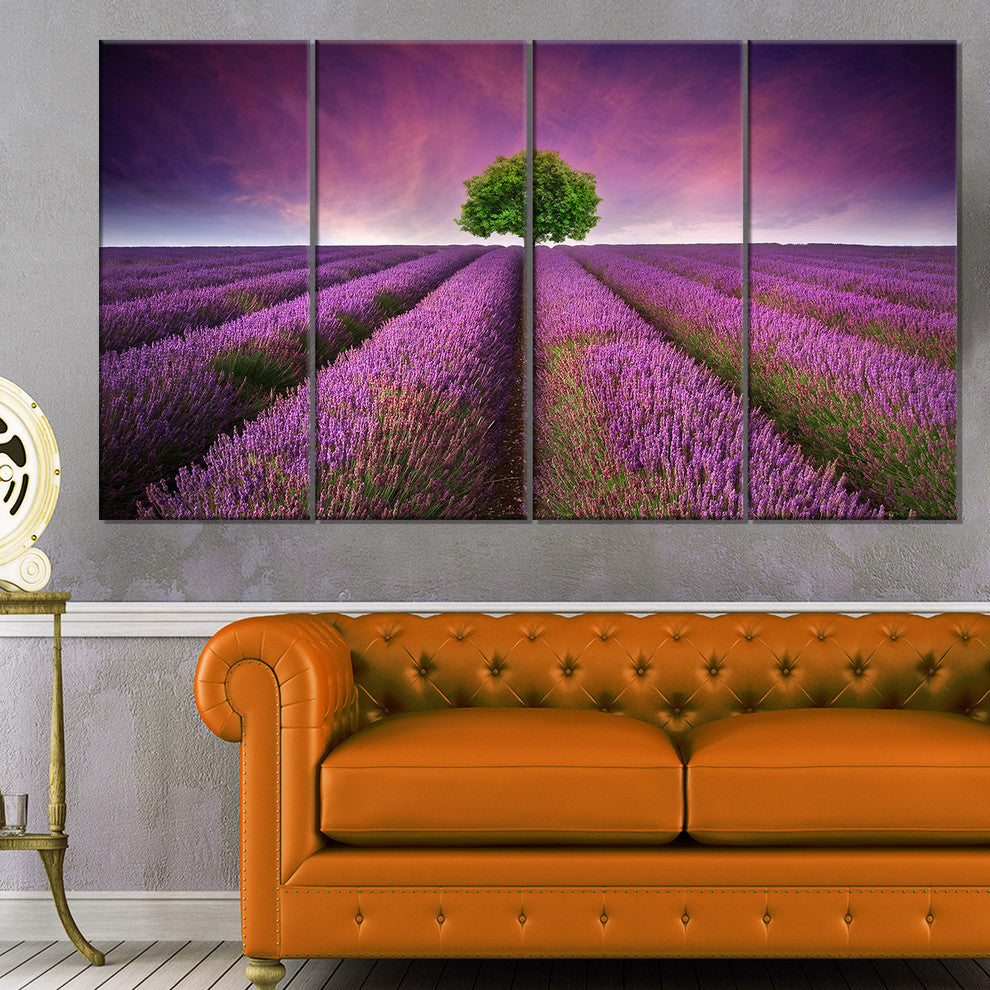 Lavender Field Sunset with Single Tree, Floral Canvas Print, 48"x28", 4 Panels