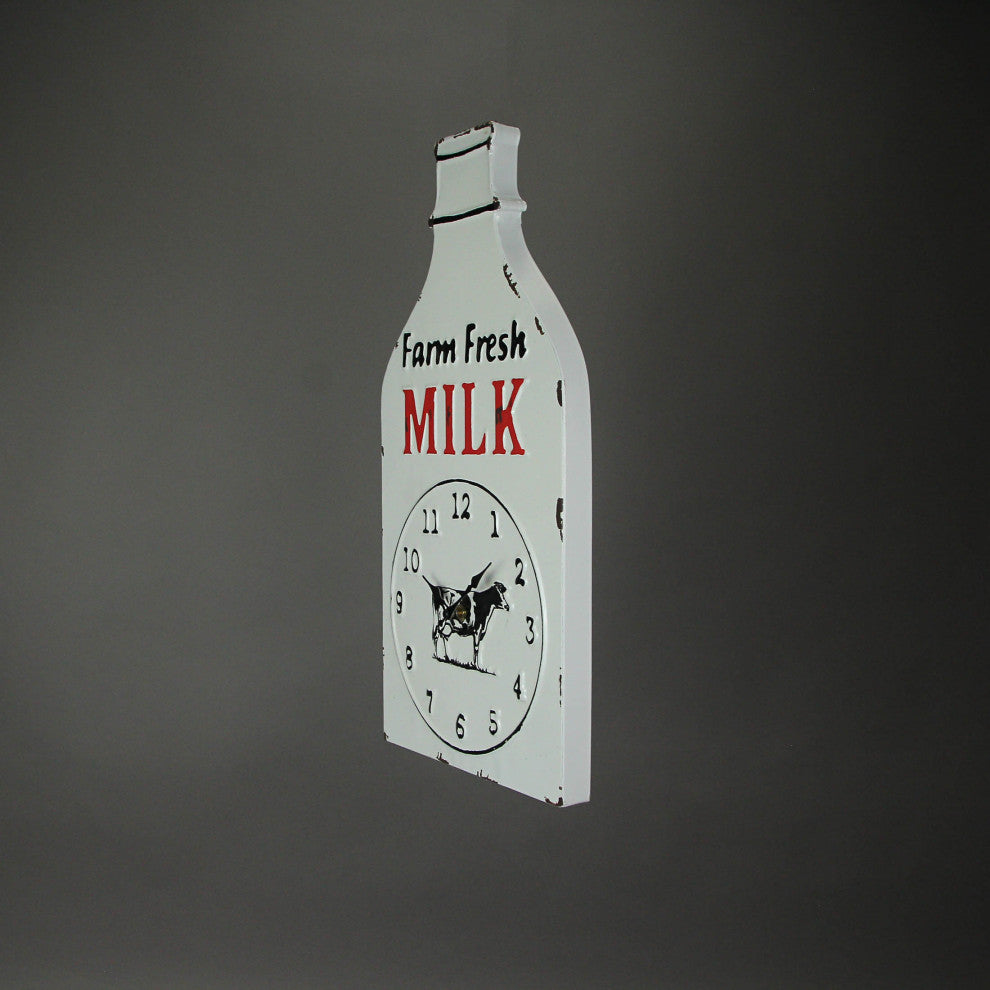 White Enamelware Stamped Metal Quart Milk Bottle Shaped Wall Clock