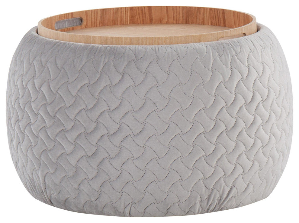 Tray Pouf, Silver Velvet, Natural Wood