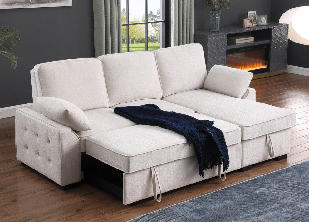 Mackenzie 91" Chenille Reversible Sleeper Sectional, Drop-Down Table, Beige