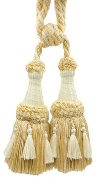 Set of 2 / Ivory, Light Gold / Double Tassel Tieback / 6" Tassel,30" Spread / Co