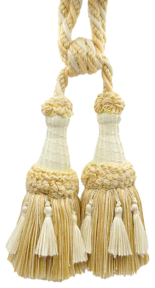 Set of 2 / Ivory, Light Gold / Double Tassel Tieback / 6" Tassel,30" Spread / Co