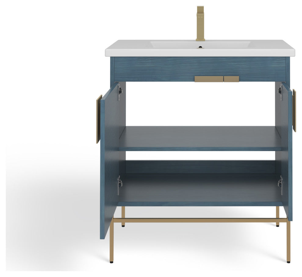 Lockhart Bath Vanity, French Blue, 30", Satin Brass Hardware, Single Sink, Freestanding