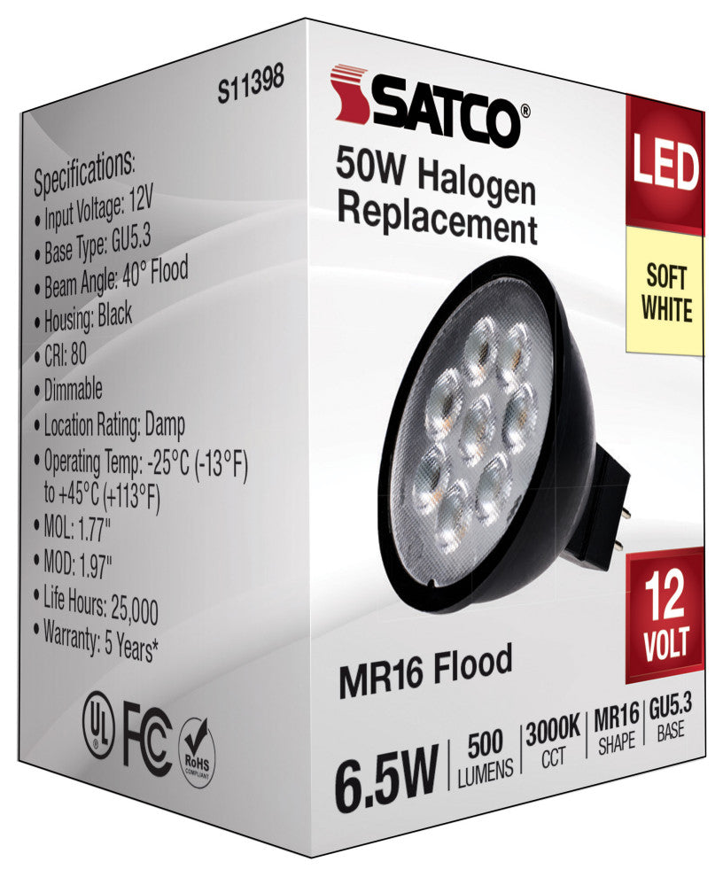 6.5W MR16 LED, Black Finish, 3000K, GU5.3 Base, 500 Lumens, 12V