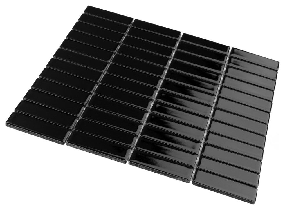Metro Brick Stacked Glossy Black Porcelain Floor and Wall Tile
