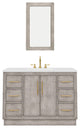 Hugo 48 Single Sink White Marble Vanity, Gray Oak With Hook Faucet and Mirror