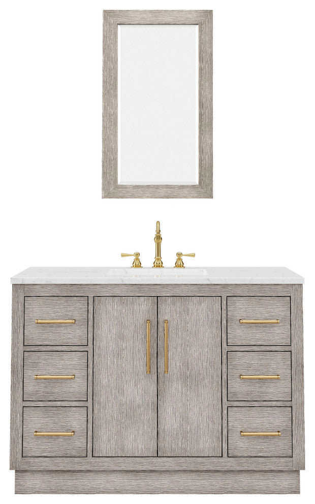 Hugo 48 Single Sink White Marble Vanity, Gray Oak With Hook Faucet and Mirror