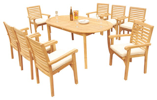 9-Piece Outdoor Teak Dining Set: 94" Oval Extn Table, 8 Hari Stacking Arm Chairs