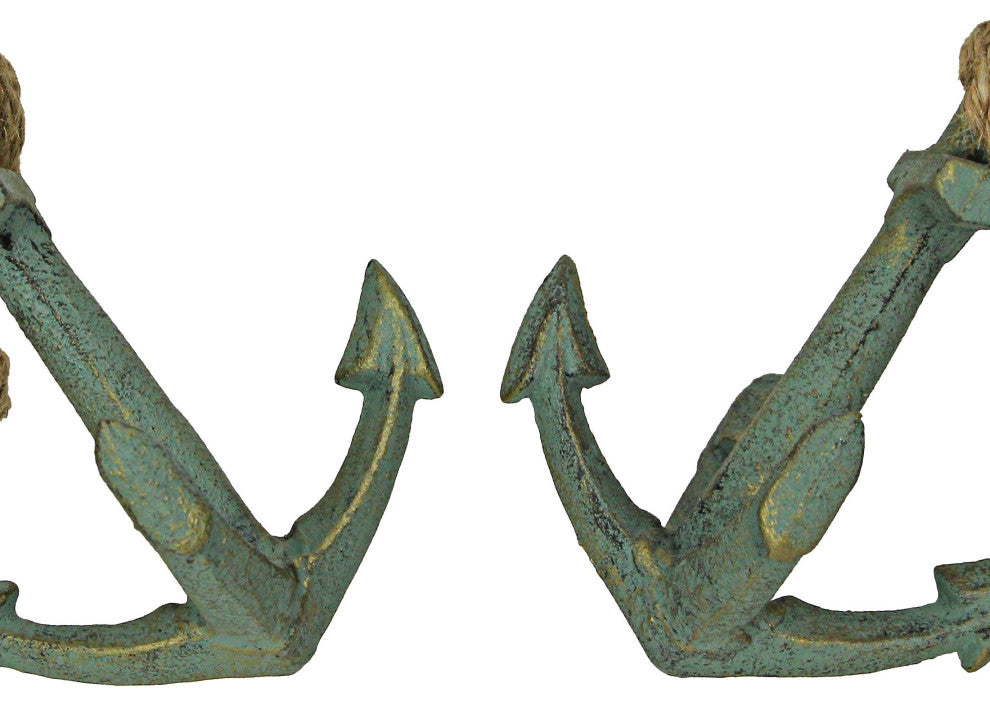Set of 2 Verdigris Cast Iron Ship Anchor Bookends Nautical Home Decor Sculpture