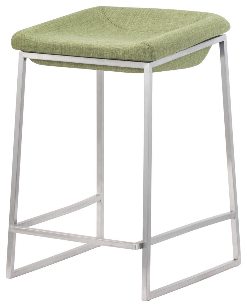 Counter Stool Chair, Set of 2, Steel Metal, Fabric, Green, Silver, Cafe Bistro