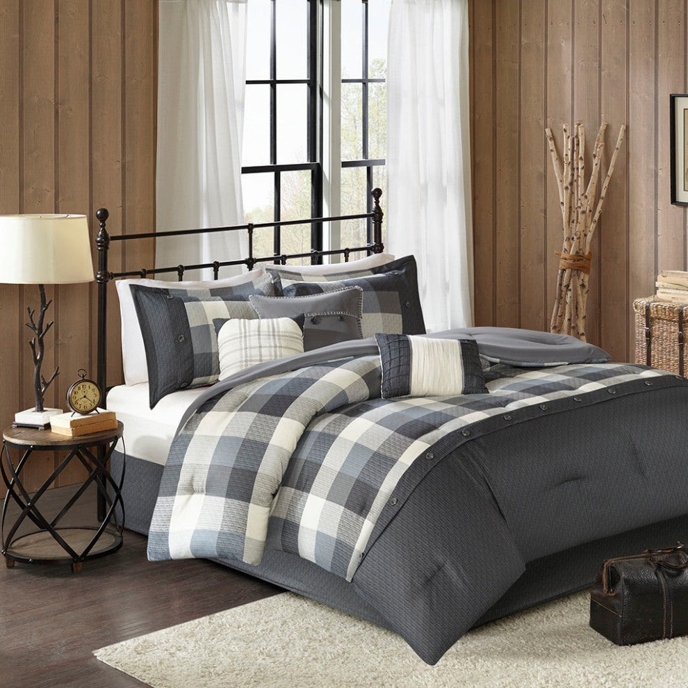 Madison Park Ridge Cabin Farmhouse Buffalo Check Comforter Set, Grey