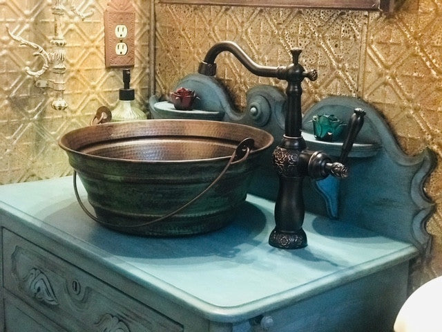 15" Round Copper Vessel Pail Bath Sink with Weathered Green Exterior, LT Drain