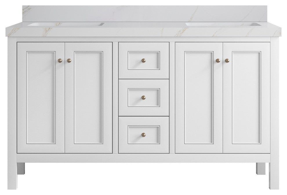 Nashville 60" Double Bathroom Vanity, White 2" Calacatta Sienna