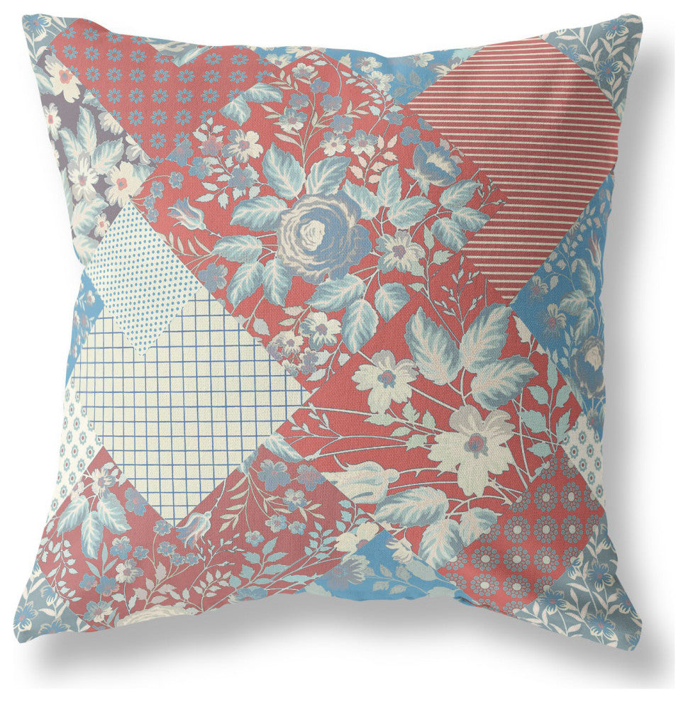 28" Red Blue Boho Floral Indoor Outdoor Throw Pillow